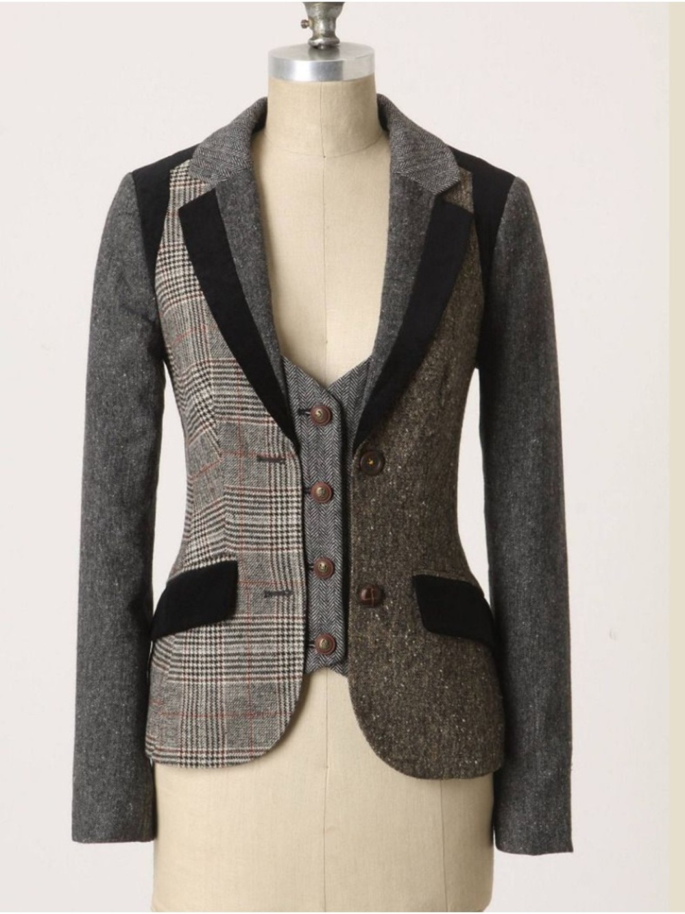 Anthropologie Cartonnier Multi-Gray Patchwork Wool Blazer with Black Trim